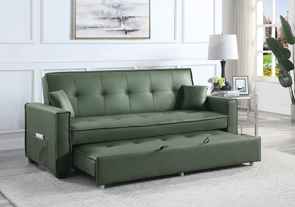 Green velvet upholstery buttonless tufting sofa w/ pull out sleeper by Acme