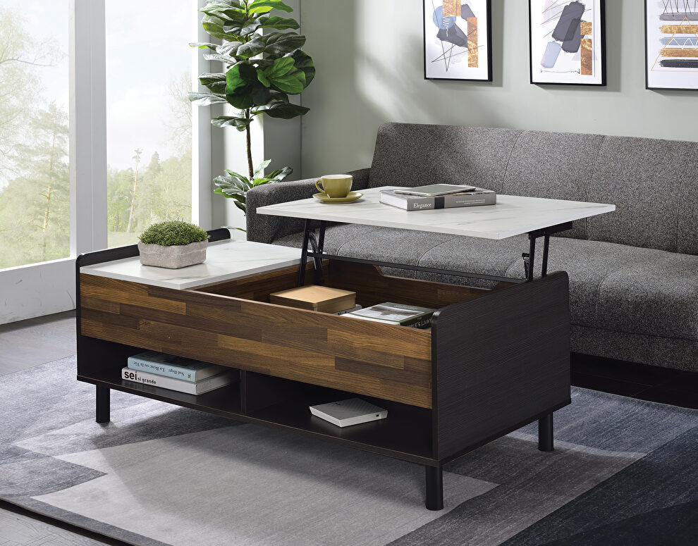 Marble, walnut & black finish rectangular coffee table/ w lift top by Acme