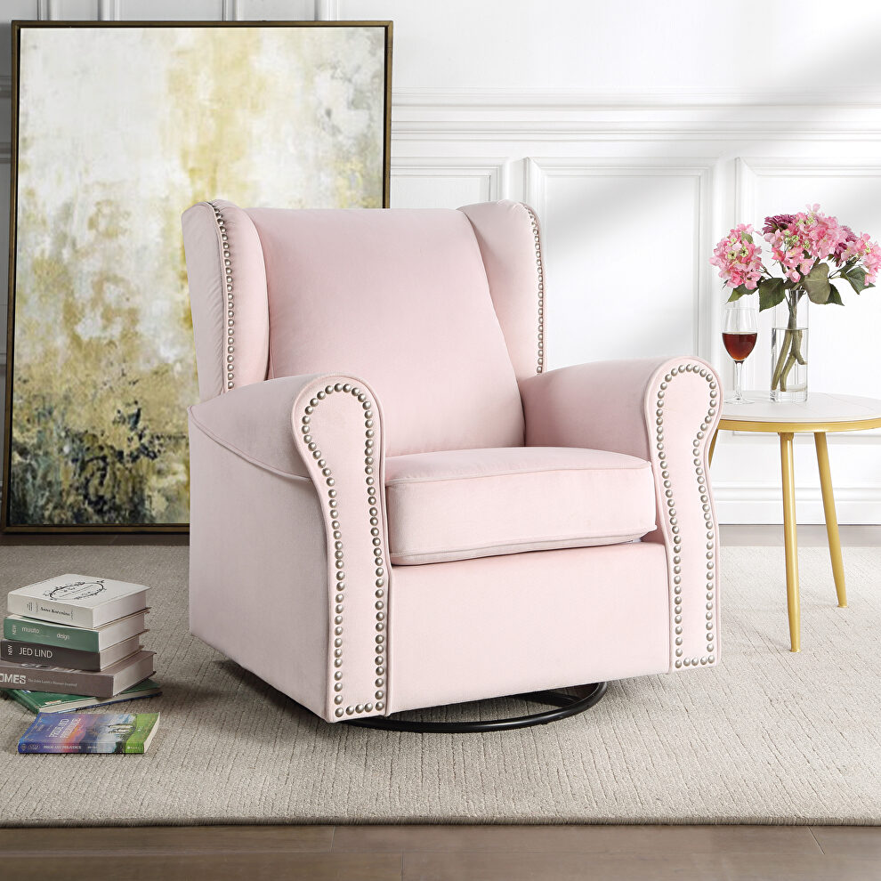 Pink fabric nailhead trim swivel chair by Acme
