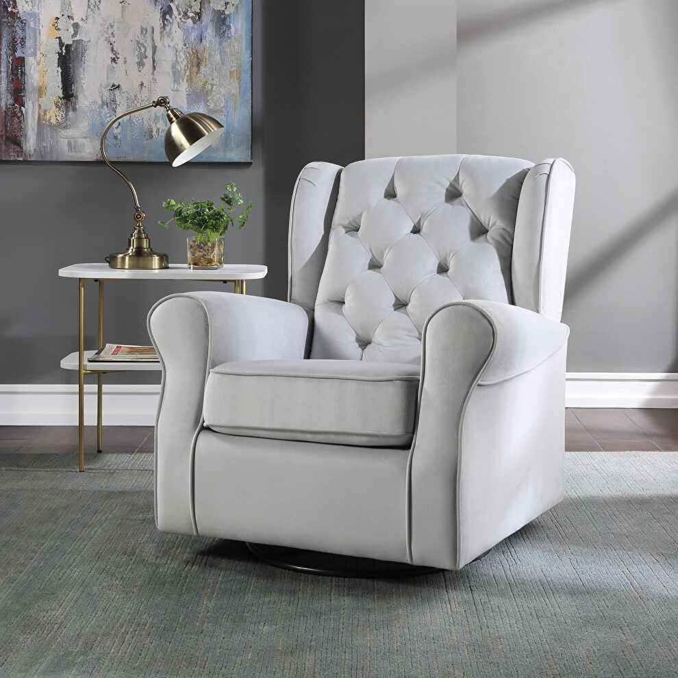 Gray fabric button tufted swivel chair by Acme
