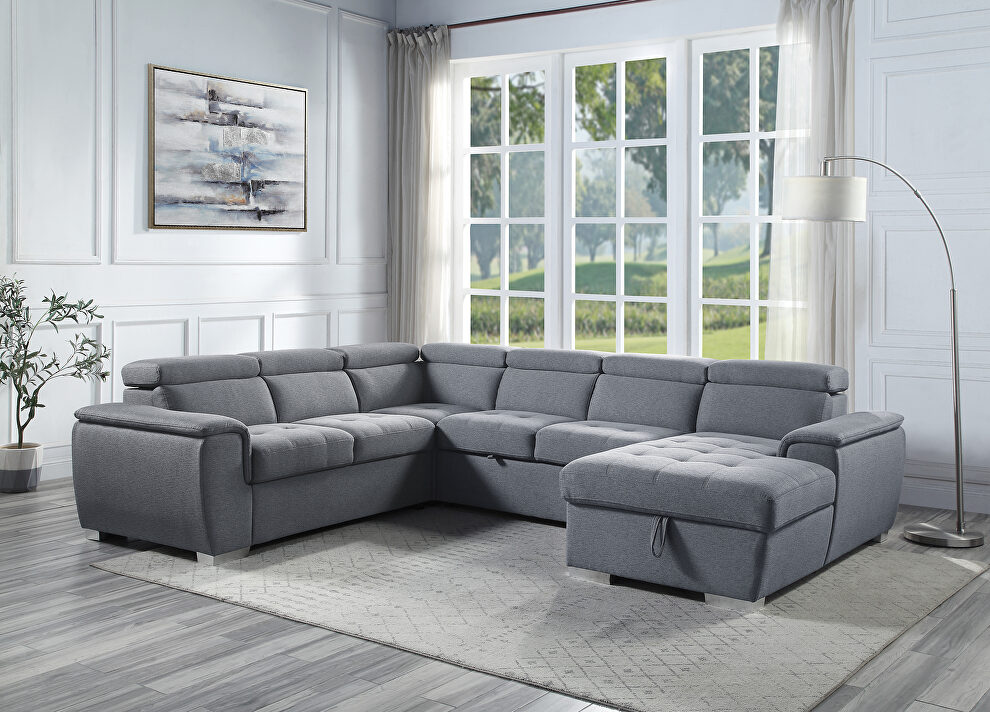 Gray fabric upholstery sleeper sectional sofa with pull-out bed by Acme