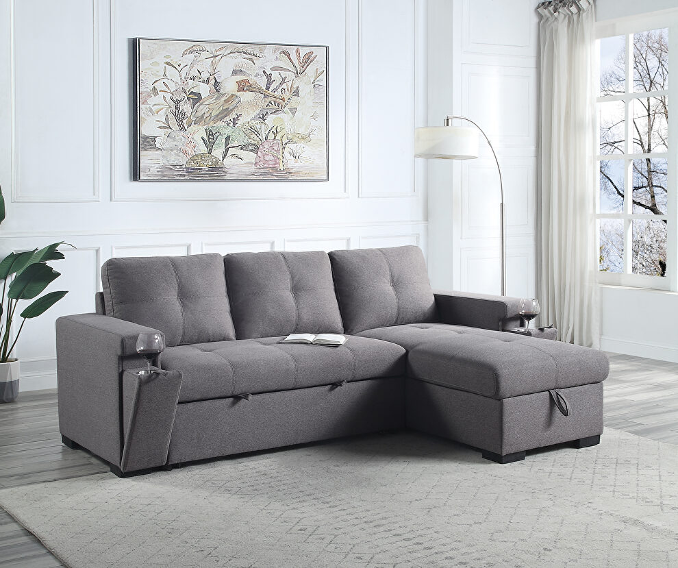 Dark gray fabric upholstery sleeper sectional sofa by Acme
