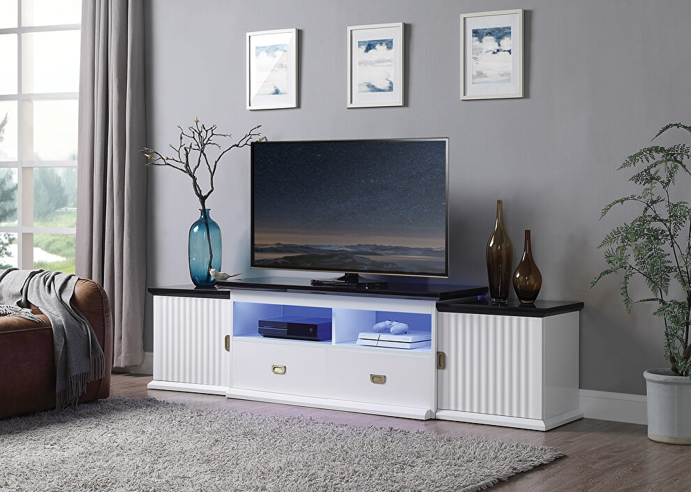 White & black high gloss finish TV stand w/ led touch light by Acme