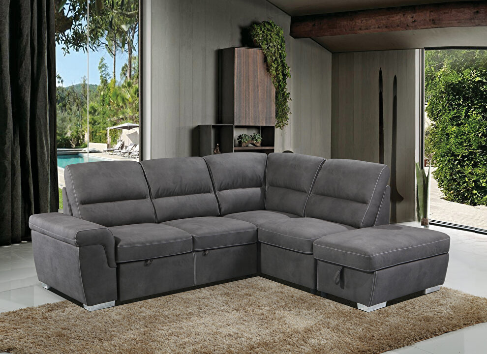 Gray fabric upholstery sleeper sectional sofa w/ pull-out bed by Acme