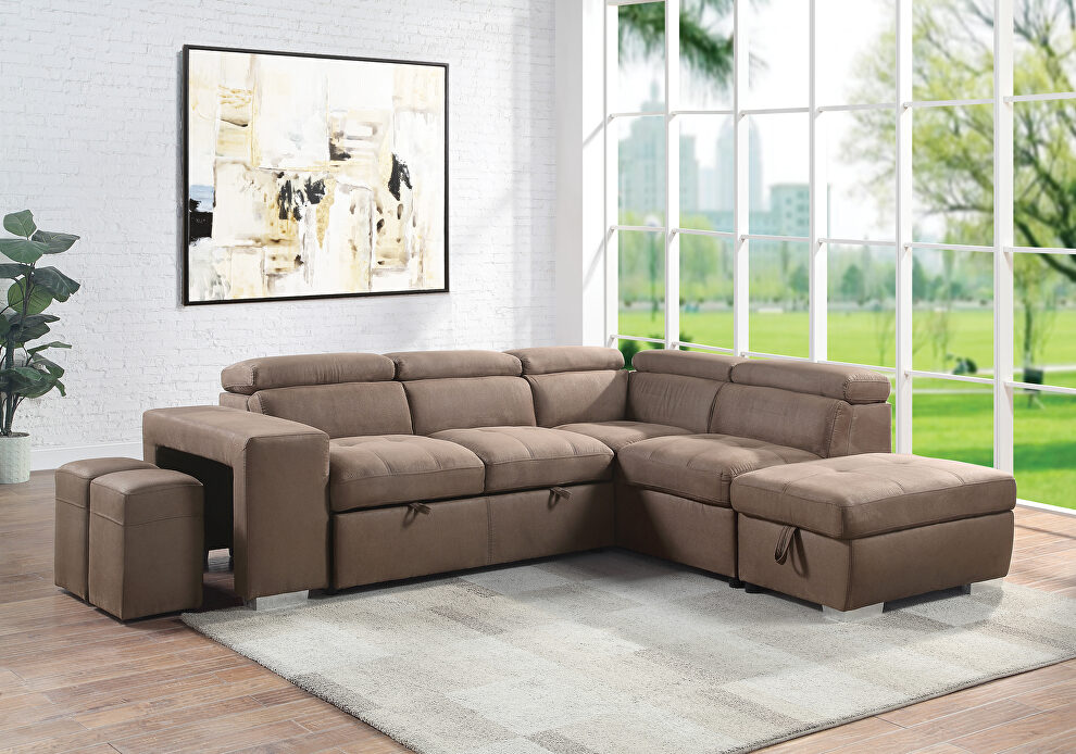 Brown fabric upholstery sleeper sectional sofa by Acme