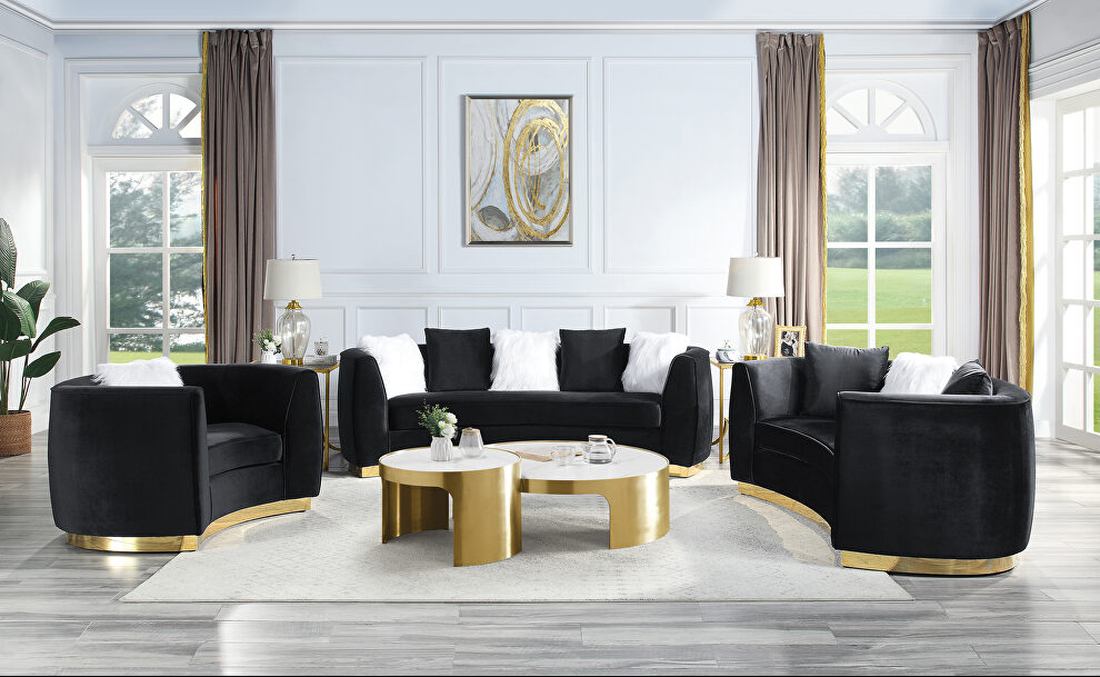 Black velvet upholstery and gold detail on the base sofa by Acme