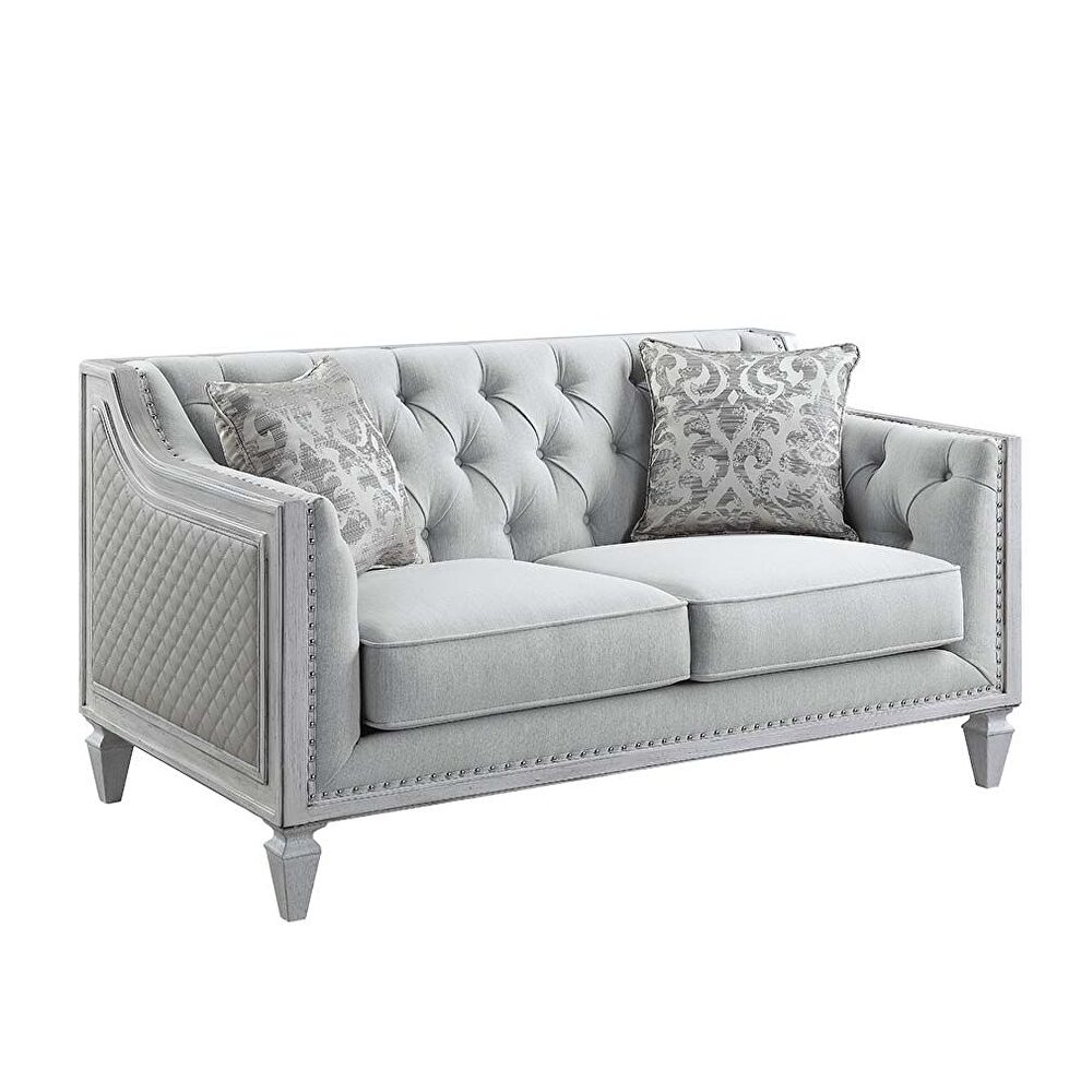 Light gray linen upholstery & weathered white finish base loveseat by Acme