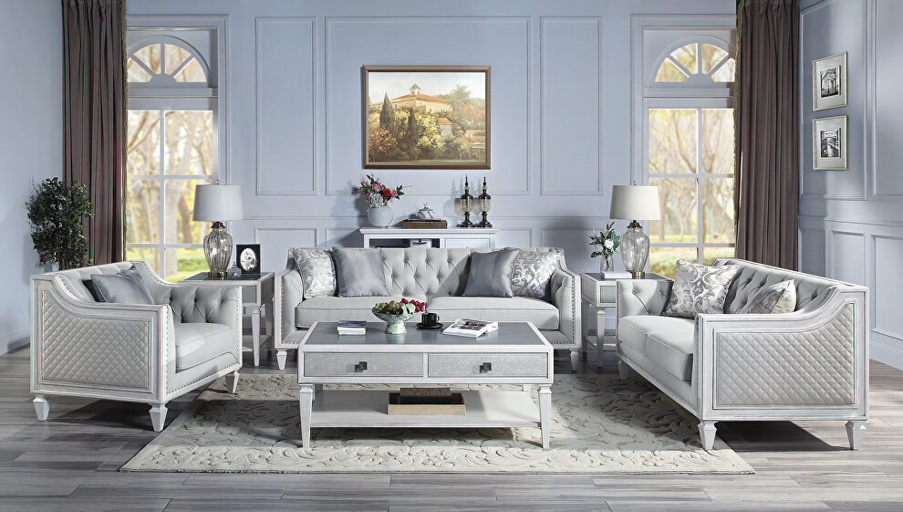 Light gray linen upholstery & weathered white finish base sofa by Acme