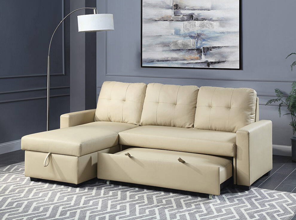 Beige fabric upholstery sectional sofa w/ pull out sleeper by Acme