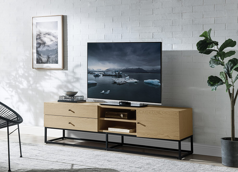 Oak finish and black metal legs TV stand by Acme