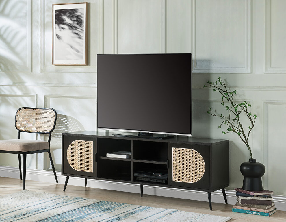 Black finish wooden base & metal legs TV stand by Acme