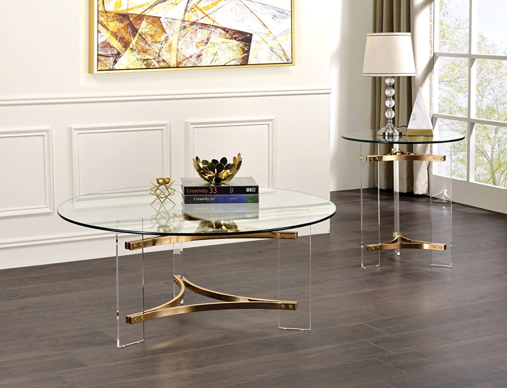 Tempered glass top and gold finish base round coffee table by Acme