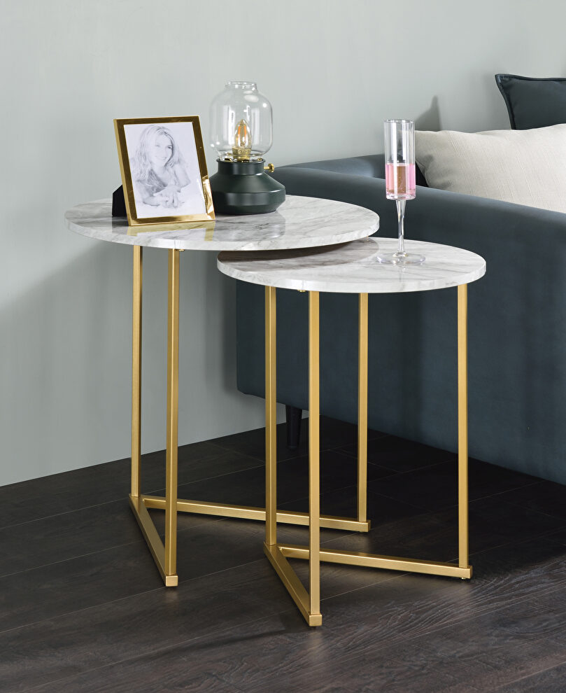 Faux marble top and gold finish round nesting table set by Acme