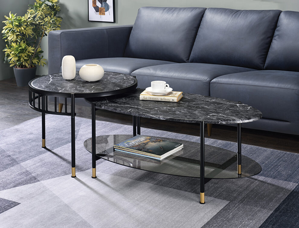Faux marble top & black finish base 2 pc nesting table set by Acme