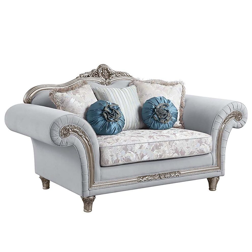 Light gray linen upholstery & platinum finish base floral trim accent loveseat by Acme