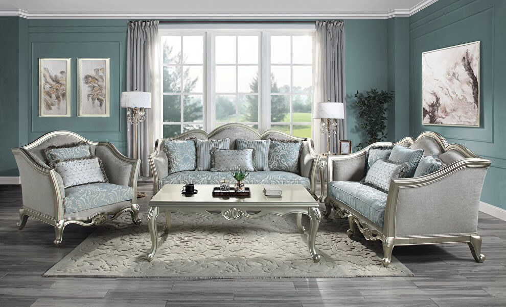 Light gray linen upholstery & champagne finish base sofa by Acme