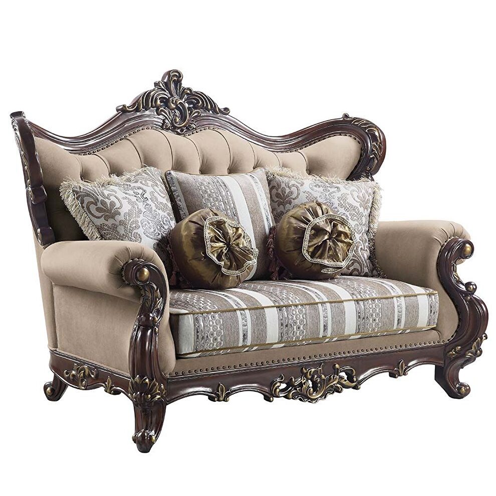 Light brown linen & cherry finish upholstery detailed carvings loveseat by Acme