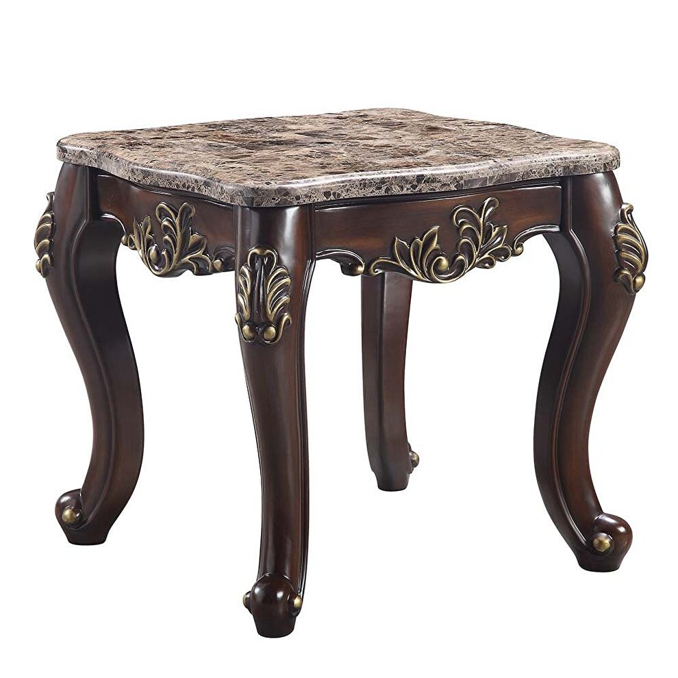 Marble top & cherry finish base golden trim accent end table by Acme