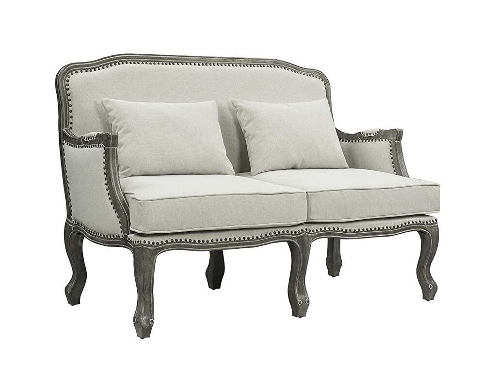 Cream linen & brown finish french cabriole silhouette loveseat by Acme