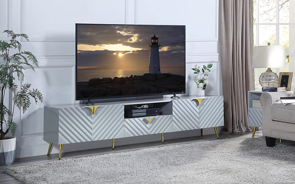 Gray high gloss finish wave pattern design TV stand by Acme