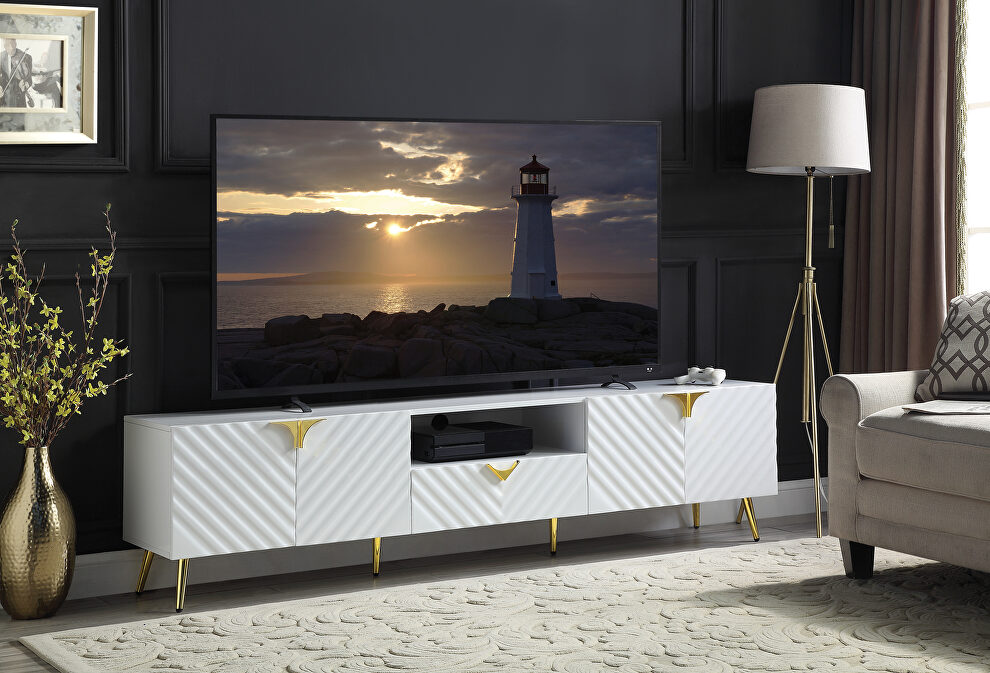 White high gloss finish wave pattern design TV stand by Acme