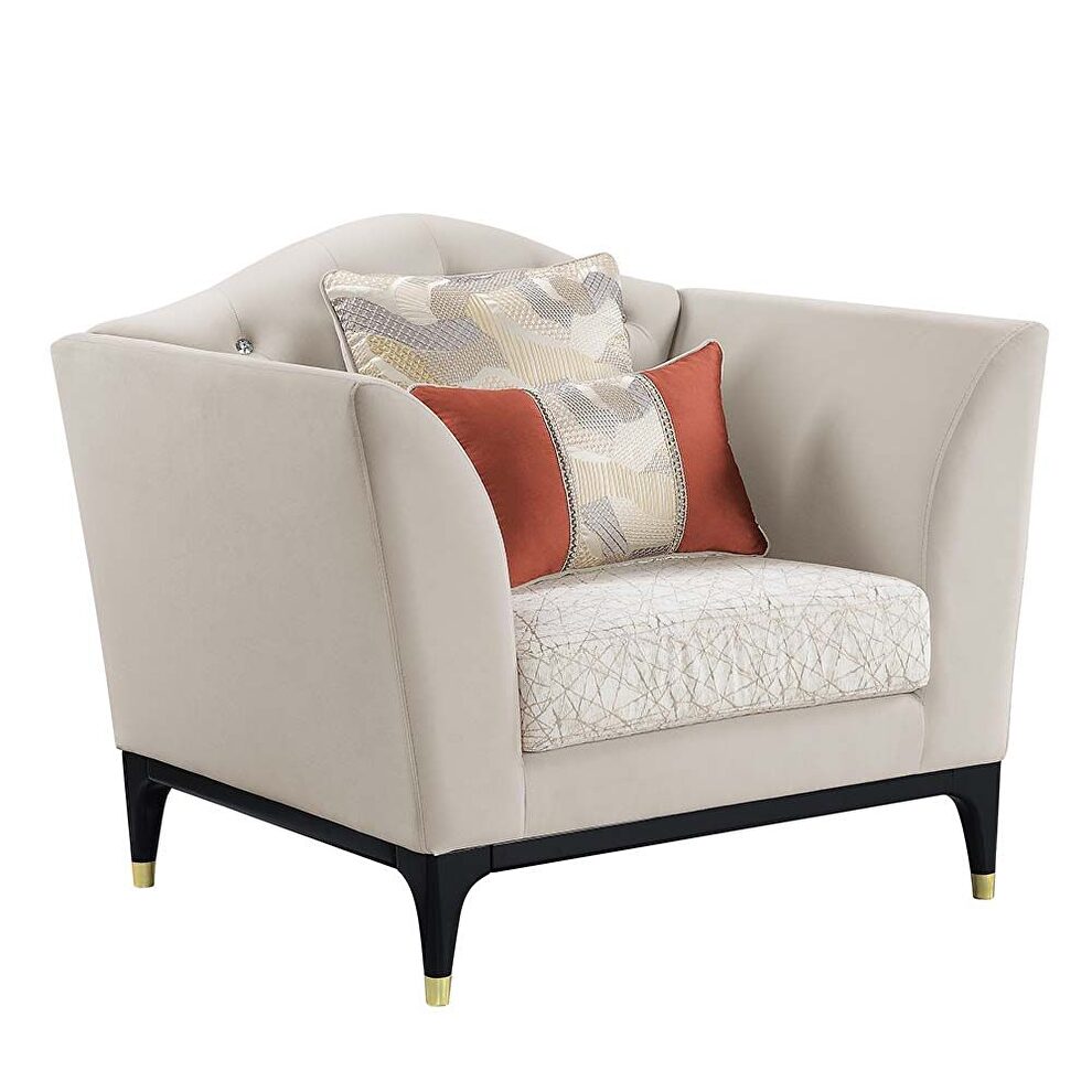 Beige velvet upholstery sophisticated curves and crystal-like button tufting chair by Acme