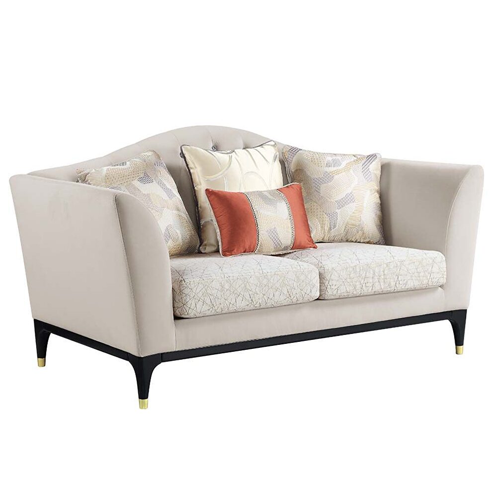 Beige velvet upholstery sophisticated curves and crystal-like button tufting loveseat by Acme