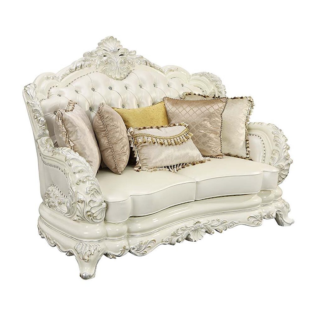 White pu & antique white finish traditional camel back design loveseat by Acme