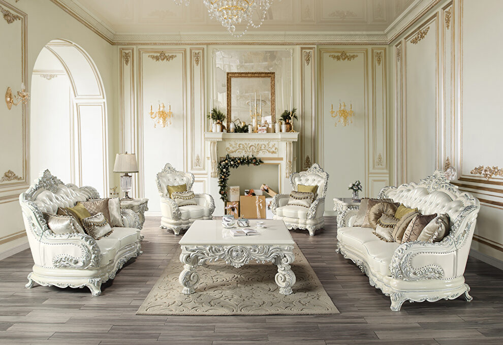 White pu & antique white finish traditional camel back design sofa by Acme