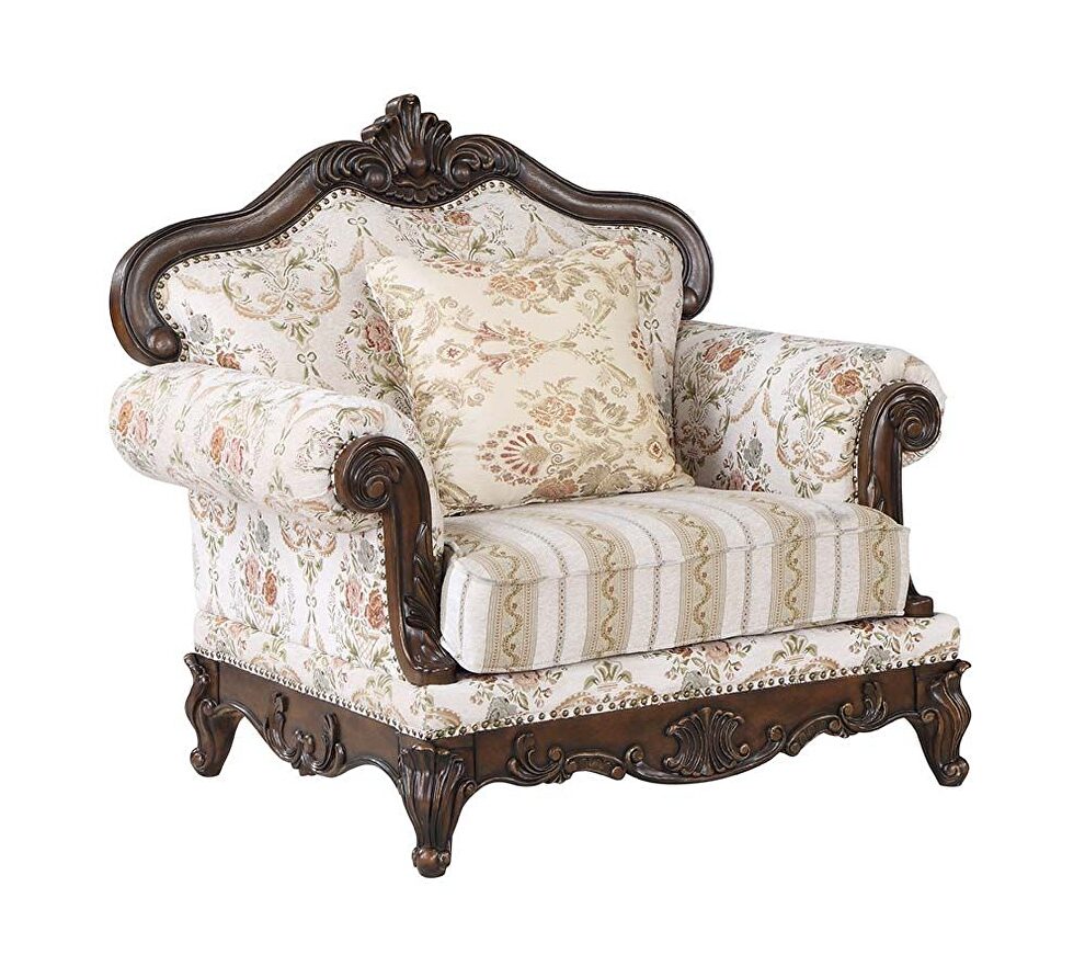 Pattern fabric upholstery & walnut finish base scrolled floral chair by Acme