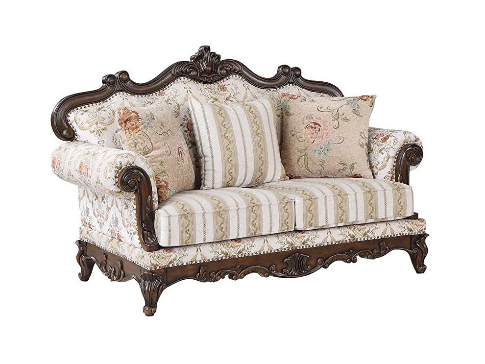 Pattern fabric upholstery & walnut finish base scrolled floral loveseat by Acme