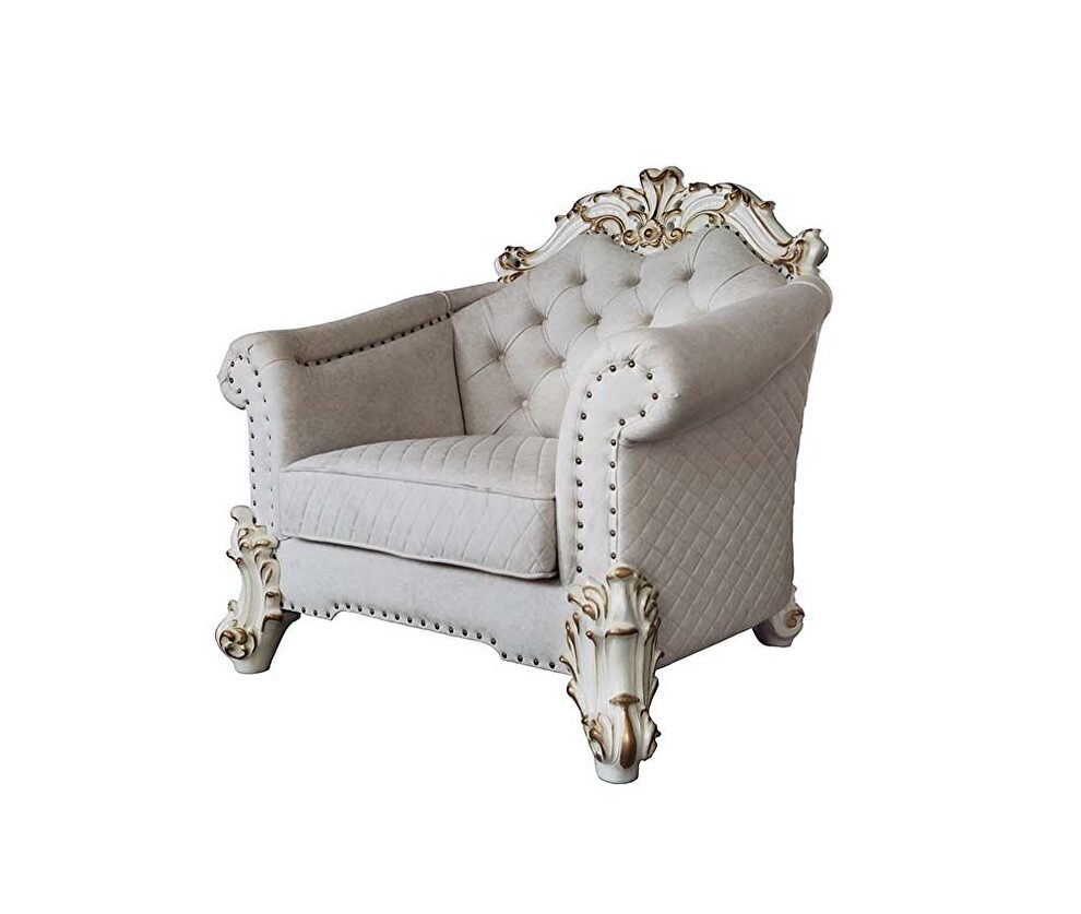 Two tone ivory fabric & antique pearl finish crystal like button tufting chair by Acme