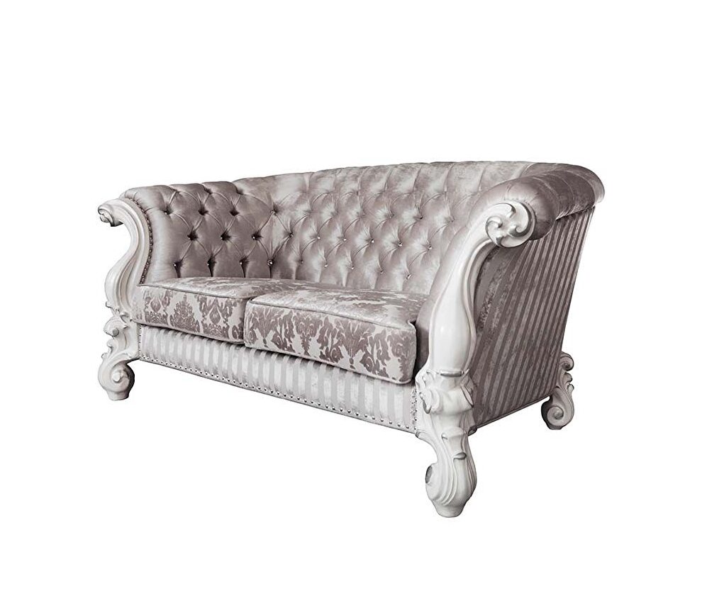 Ivory fabric & bone white finish crescent-high shelter backrest loveseat by Acme