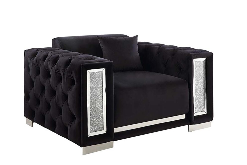Black velvet upholstery button tufted and mirrored trim accent chair by Acme