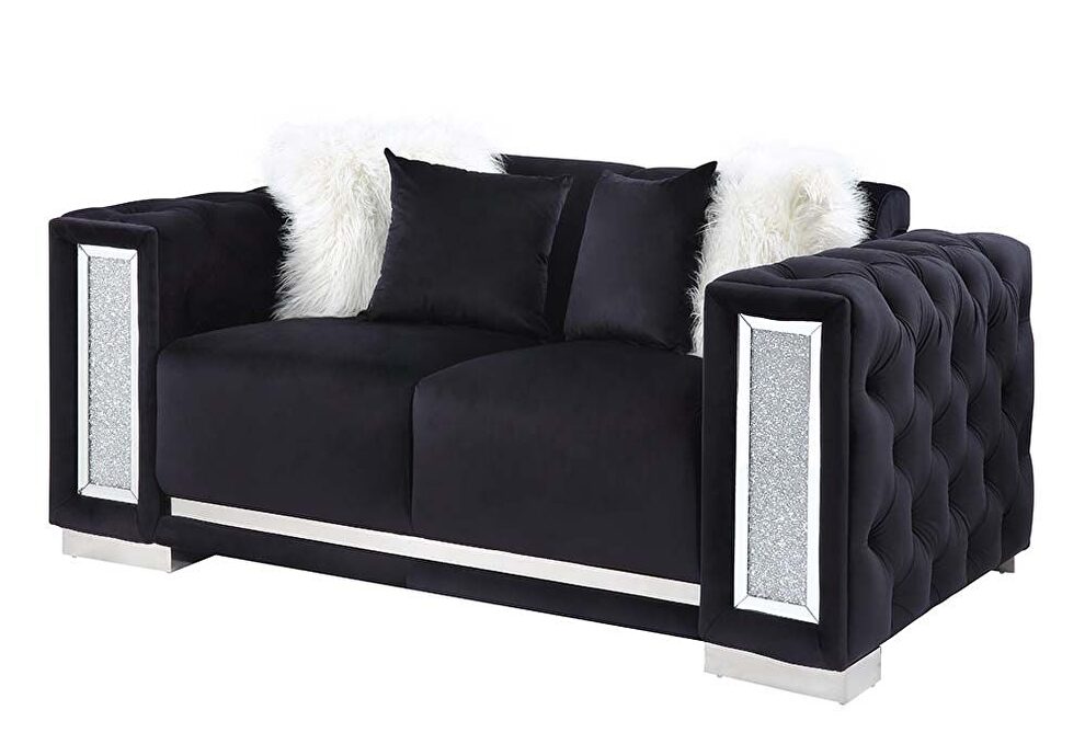 Black velvet upholstery button tufted and mirrored trim accent loveseat by Acme