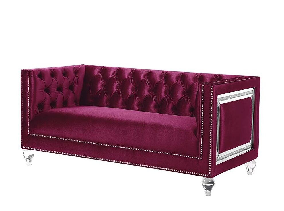 Burgundy velvet upholstery and button tufted mirrored trim accent loveseat by Acme