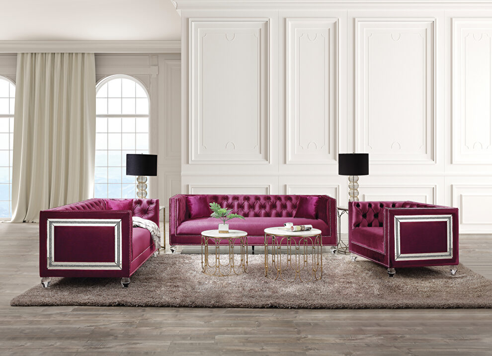 Burgundy velvet upholstery and button tufted mirrored trim accent sofa by Acme