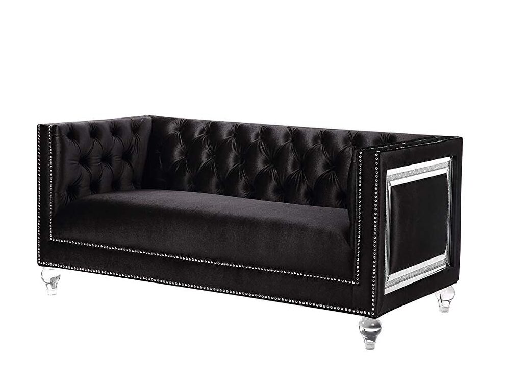 Black velvet upholstery and button tufted mirrored trim accent loveseat by Acme