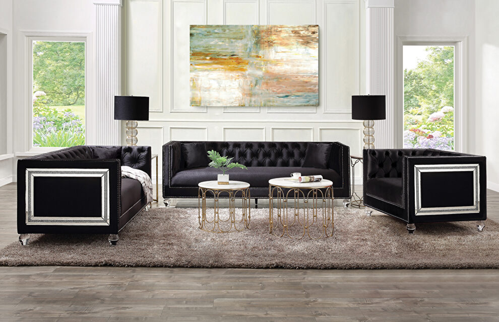 Black velvet upholstery and button tufted mirrored trim accent sofa by Acme