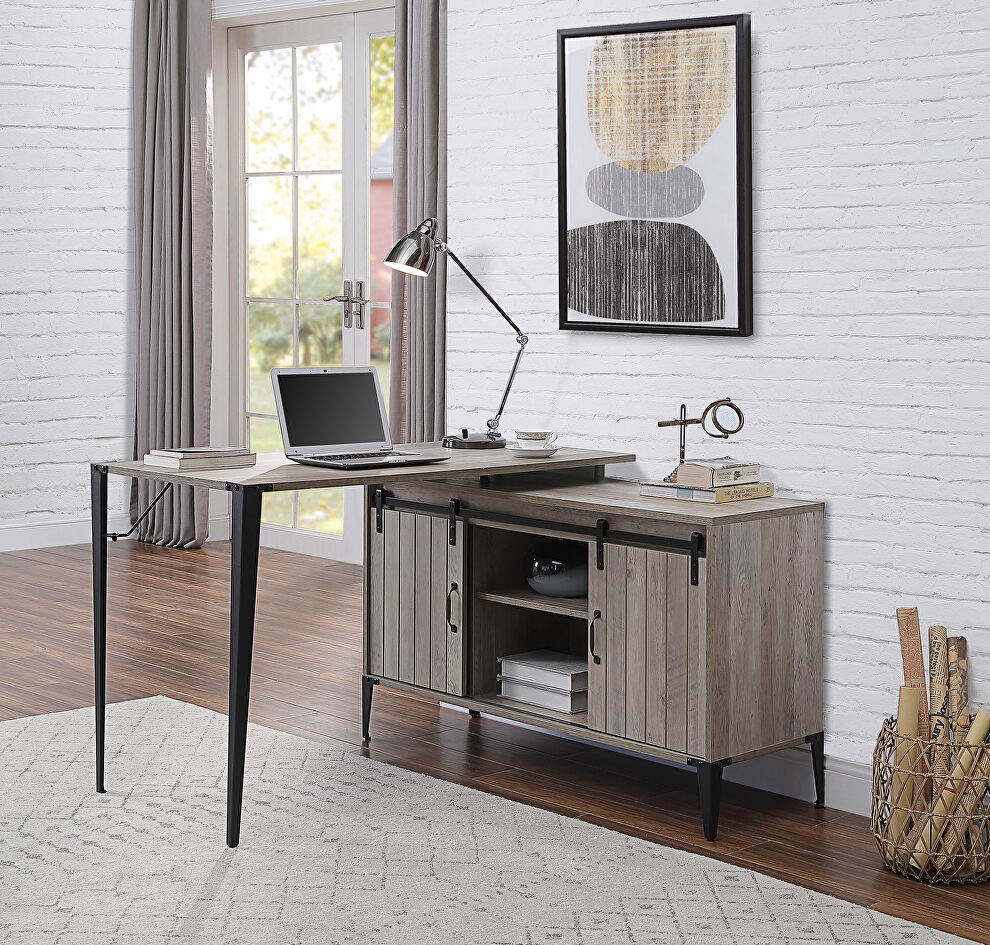 Gray oak wooden frame and black metal accent writing desk by Acme