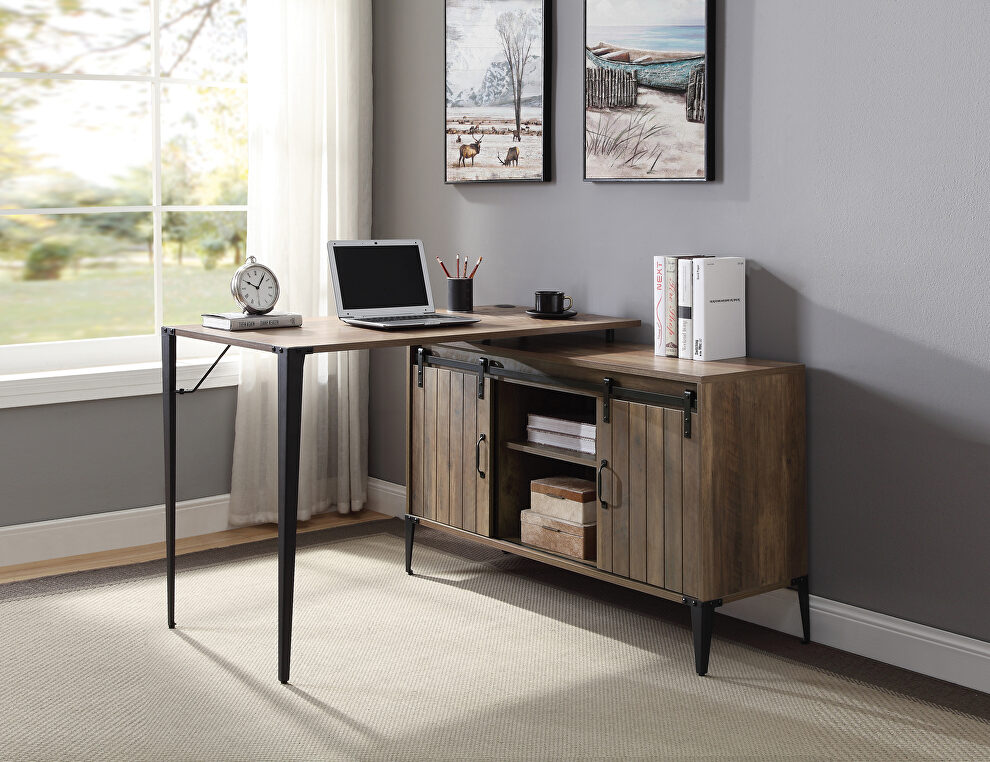 Rustic oak wooden frame and black metal accent writing desk by Acme