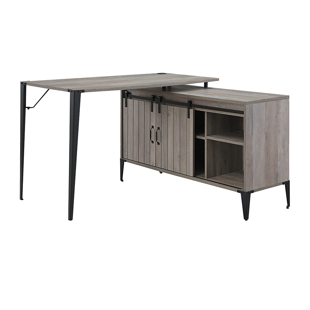 Gray oak wooden frame and black metal accent writing desk w/ usb port by Acme