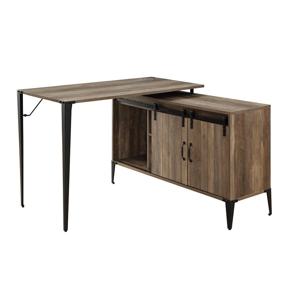 Rustic oak wooden frame and black metal accent writing desk w/ usb port by Acme