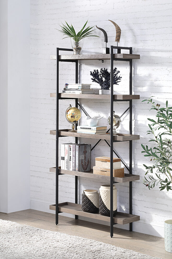 Gray oak & black finish crossbar back and wooden shelves five-tier bookshelf by Acme