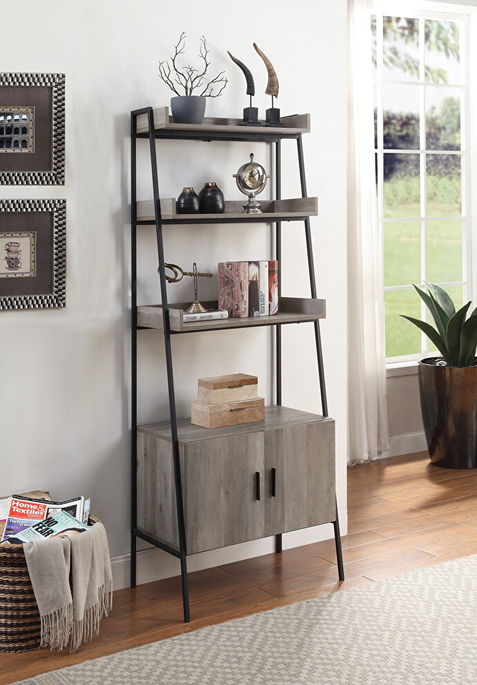 Gray oak & black finish rectangular leaning-ladder bookshelf by Acme