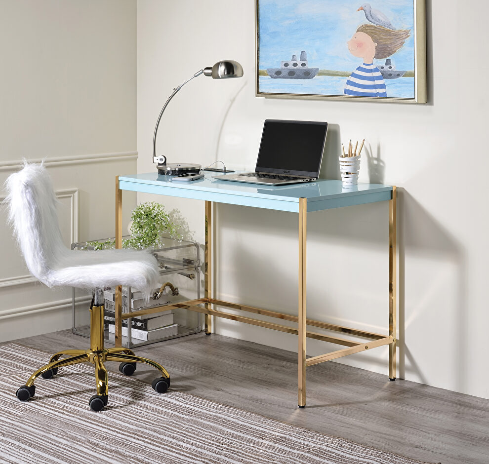 Baby blue top & gold finish base writing desk w/ usb port by Acme