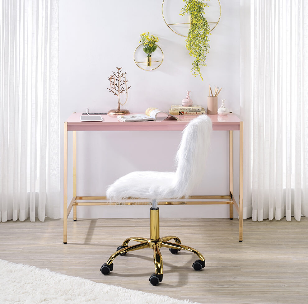 Pink top & gold finish base writing desk w/ usb port by Acme