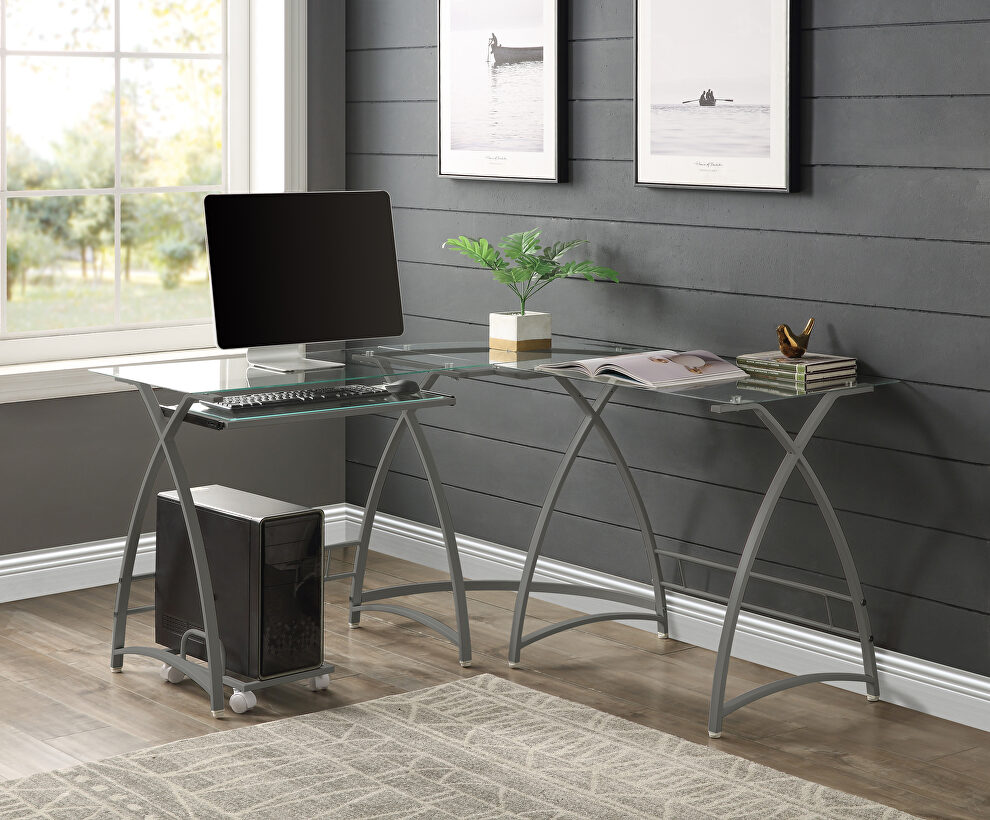 Tempered glass rectangular top & silver finish base corner computer desk by Acme