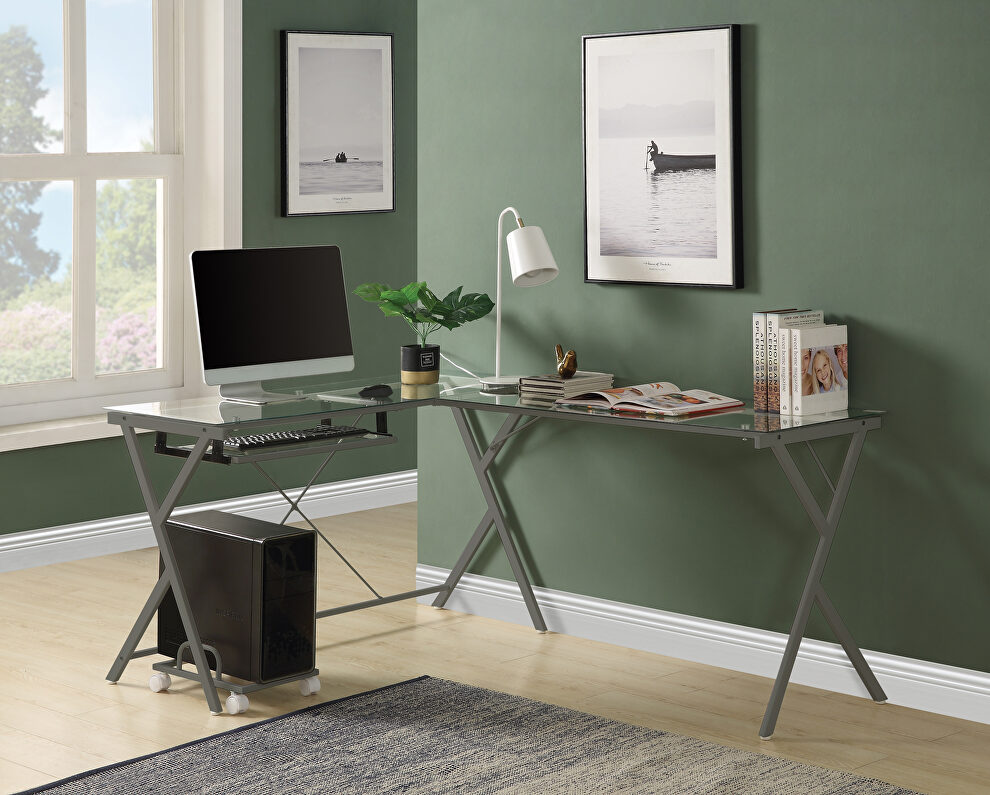 Clear glass top & silver finish base rectangular corner computer desk by Acme