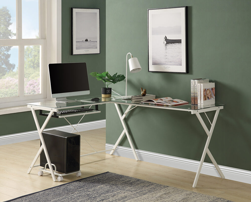 Clear glass top & white finish base rectangular corner computer desk by Acme